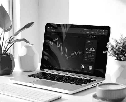 A laptop on a desk displaying a line graph with financial data. Nearby are potted plants, a candle, and a cup, all in a black and white setting. OCIDM,io Branding and Digital marketing Hamilton, Toronto, Oakville, Mississauga