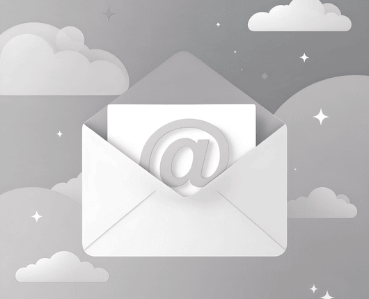 Illustration of an open envelope with a paper displaying an "@" symbol, set against a cloudy, starry background. OCIDM,io Branding and Digital marketing Hamilton, Toronto, Oakville, Mississauga