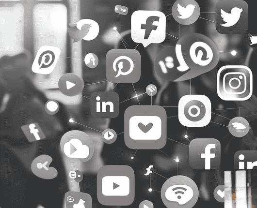 A grayscale collage featuring various social media icons such as Facebook, Twitter, Instagram, and LinkedIn, overlaid on a blurred background. OCIDM,io Branding and Digital marketing Hamilton, Toronto, Oakville, Mississauga