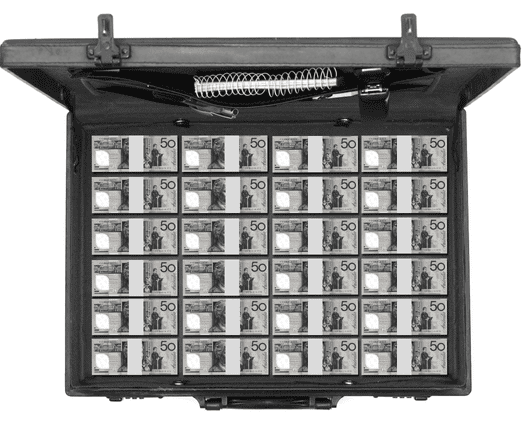 Open briefcase filled with neatly arranged stacks of fifty-dollar bills. OCIDM,io Branding and Digital marketing Hamilton, Toronto, Oakville, Mississauga